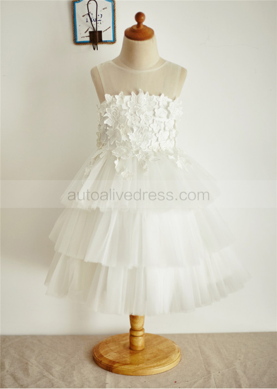 Sheer Neckline Lace Tiered Tulle Skirt Flower Girl Dress 